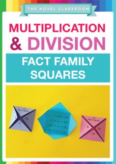 a book cover with three origami pieces and the title, multiplication & division fact family squares