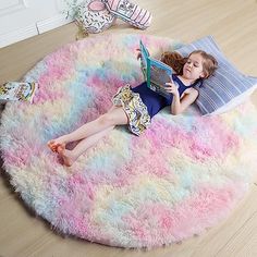 Rainbow Fluffy Fuzzy Rugs for Girls Bedroom 4ft,Unicorn Room Decor,Pastel Round Area Rug for Kids, Shag Carpet for Nursery, Soft Play Mat for Baby, Living Room, Plush Rug for Playroom #ad Rugs For Girls Bedroom, Fluffy Rugs Bedroom, Carpet For Nursery, Fuzzy Area Rug, Playroom Rugs, Room Decor Pastel, Rainbow Bedroom, Unicorn Room Decor, Fluffy Rugs