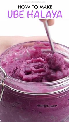 a hand holding a spoon in a jar filled with purple liquid and text overlay reads how to make ube halaya