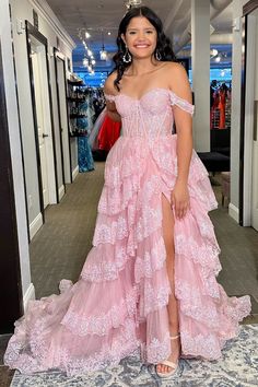 Pink Sequin Appliques Off-the-Shoulder Ruffle Tiered Long Gown – Modsele Fairy Ball Gown, Pink Tulle Prom Dress, Customized Dress, Pink Evening Dress, Elegant Prom Dresses, Lace Formal Dress, Sequin Appliques, Pink Prom, Pink Dresses