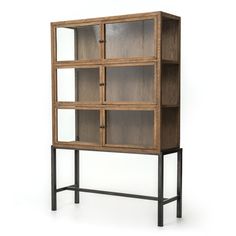 an image of a wooden bookcase with glass doors on the front and back sides