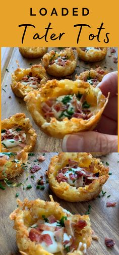 loaded tater tots with bacon and cheese in the middle on a wooden cutting board