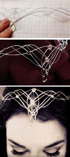 three pictures showing the process of making wire work on a woman's head with scissors