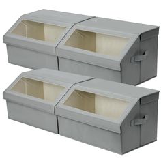 two gray storage boxes with open lids on each side and one closed lid is shown