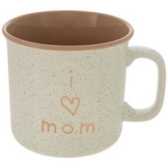 a ceramic mug with the word i love mom written on it and a brown rim