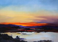 an oil painting of a sunset over a lake