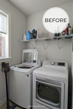 a washer and dryer sitting next to each other in a room with the words before above it