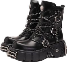 Trendy Moto Boots With Metal Feet For Alternative Fashion, Punk High Ankle Platform Boots With Buckle, Punk Style Chain Boots For Streetwear, Edgy Chain Boots For Streetwear, Edgy Black Moto Boots With Metal Pin Buckle, Edgy Boots With Chain And Round Toe, Black Edgy Moto Boots With Metal Pin Buckle, Edgy Boots With Chain Strap And Round Toe, Edgy Moto Boots With Metal Pin Buckle