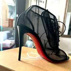 Front Toe Open Ondessa 100rete/Kid Black Red Bottoms Red Bottoms, Christian Louboutin Shoes, Shoes Women Heels, Christian Louboutin, Shoes Heels, Black And Red, Women Shoes, Heels, Red