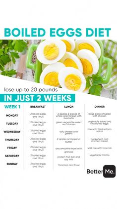 the boiled eggs diet in just 2 weeks is shown on a white background with green leaves