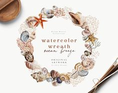 watercolor wreath with seashells, starfish and other items on a white background