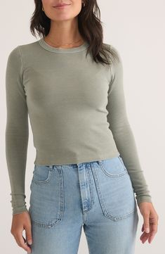 Refresh your essentials with this long-sleeve ribbed T-shirt constructed from a sustainably minded Tencel® modal blend that's garment-dyed for a sun-faded look. Crewneck Long sleeves 49% cotton, 47% Tencel® modal, 4% spandex Tencel modal is a more-sustainably produced fiber made with closed-loop processing and is certified with the EU Ecolabel as having a low environmental impact throughout the entire lifecycle Machine wash, tumble dry Imported Solid Color Ribbed Long Sleeve Top For Everyday, Solid Ribbed Long Sleeve Top For Everyday, Versatile Long Sleeve Ribbed Top, Ribbed Long Sleeve Tops For Everyday, Everyday Ribbed Long Sleeve Tops, Spring Long Sleeve Top With Ribbed Cuffs, Ribbed Crew Neck Long Sleeve Top For Everyday, Everyday Ribbed Crew Neck Long Sleeve Top, Fall Wardrobe Essentials