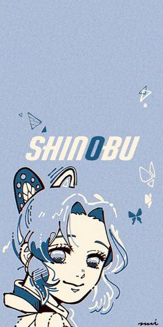 an image of a woman with butterflies on her head and the words shinobu above it