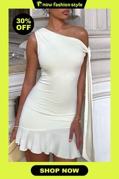 White Sleeveless One-Shoulder Ruffled Hem Bodycon Night Out Birthday Party Midi Dress White Dress For Birthday, Ruffled Midi Dress, Party Midi Dress, Elegant White Dress, Night Out Party, White Bodycon, Dress With Ruffles, Midi Ruffle Dress, Grad Dresses