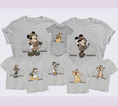 three mickey mouse shirts with different characters on them