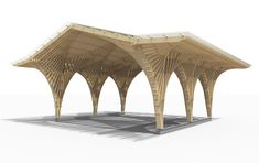 a wooden structure that is sitting on top of a cement floor with no people around it