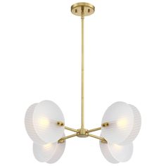 three light brass chandelier with white glass globes on the top and bottom