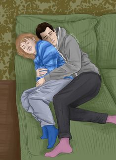 a drawing of a man and woman laying on a green couch with their arms around each other