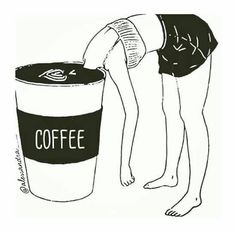 a drawing of a person bending over to drink coffee out of a cup that is on the ground