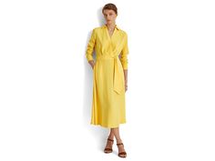 LAUREN Ralph Lauren Long Sleeve Day Dress - Women's Clothing : Yellow Lily : The LAUREN Ralph Lauren Long Sleeve Day Dress is a Surplice Georgette Midi Dress featuring a faux-wrap bodice, a belted waist, and side on-seam pockets. Lightweight and breathable fabric. Collar with swooping V-neckline. Long sleeves with tie detail on waistline. Side on seam pockets. 100% polyester. Dry clean. Imported. Fitted V-neck Belted Dress For Daywear, V-neck Belted Dress For Work, Spring V-neck Belted Work Dress, Belted V-neck Daywear Dresses, Fitted V-neck Belted Dress For Spring, V-neck Belted Dress With Belted Cuffs For Work, Spring V-neck Belted Dress For Daywear, Daywear Belted V-neck Dress, Spring Fitted Belted V-neck Dress