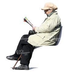 an old man sitting on top of a bench holding a newspaper and walking cane in his hand