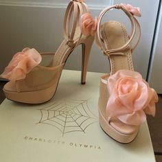 Gorgeous Authentic Charlotte Olympia Blush Fleur Heels. Handmade In Italy. Shoes Have Never Been Worn. Brand New. They Come In Box With 2 Dust Bags And Extra Risers. I Have Original Receipt. Chic Platform Wedding Shoes With Round Toe, Chic High Heel Platform Wedding Shoes, Chic Wedding Shoes With Platform And Pointed Toe, Chic Wedding Shoes With Reinforced Heel And Round Toe, Luxury Round Toe Wedding Shoes For Spring, Luxury Spring Wedding Shoes With Round Toe, Designer Wedding Shoes With Heel Strap And Round Toe, Designer Wedding Platform Heels, Designer Leather Wedding Shoes With High Heel