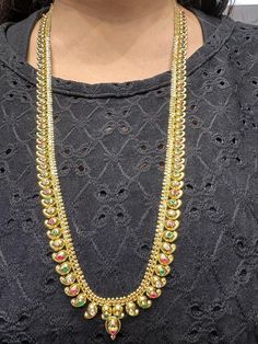 22 karat gold mango mala / long necklace with cz & color stones - 235-GN165 - in 35.450 Grams for USD $3,771.34 USD. 
Made in India by Totaram Jewelers Online this product is in Gold - 22 Karat BIS Hallmark 916 Gold  & is an excellent gift for Adult - Women. Ships fully insured with secured guaranteed delivery for free with your order over $250 from New Jersey USA & comes with 30 days exchange policy. 22k Gold Multi-stone Necklace, 22k Gold Multi-stone Temple Jewelry Necklace, 22k Gold Multi-stone Temple Necklace, Gold Multi-stone Temple Jewelry Bridal Necklace, Festive Gold Temple Necklace With Multi-stone, Traditional Gold Bridal Necklace With Multi-stone, Traditional Gold Multi-stone Bridal Necklace, Gold Multi-stone Bridal Necklace For Celebration, Celebration Gold Bridal Necklace With Multi-stone