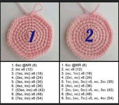 the instructions for crochet is shown in three different pictures, including one with blue numbers