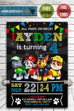 the paw patrol birthday party poster is shown