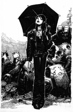 a black and white drawing of a woman holding an umbrella over her head with skulls in the background