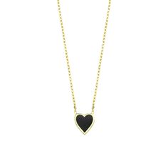 A bold splash of deep black contained within soft curves and a sharp point, this classic charm necklace is equal parts sweet and sass–just like you. Wear with our Bae Got Bling Ring in Onyx Dip and Happy Heart Necklace in Onyx for a complete look or mix and match to give your ensemble some extra love. 14k gold plated sterling silver 16-18" Adjustable in length Black Heart-shaped Formal Necklace, Formal Black Heart-shaped Necklace, Black Heart-shaped Necklace For Formal Occasions, Black Heart Pendant Necklace With Adjustable Chain, Elegant Black Heart Pendant Charm Necklace, Black Heart Pendant Jewelry For Formal Occasions, Elegant Black Heart Necklace With Adjustable Chain, Black Necklace With Adjustable Chain For Valentine's Day, Chic Black Heart-shaped Jewelry