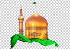 an islamic mosque with green leaves and a flag flying in the background png clipart