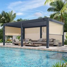 a swimming pool with lounge chairs and umbrellas next to the side of an outdoor living area