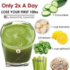 an image of a green smoothie with ingredients to make it look like it is ready for