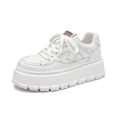 BeauToday Casual Platform Round Toe Sneaker with Star Decoration for Women BEAU TODAY White Shoe Outfits, Platform Nikes, Aesthetic Sneakers, Sneakers Cute, White Platform Shoes, Heel Sneakers, White Platform Sneakers, Round Toe Sneakers