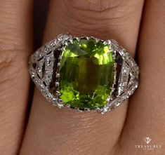 Antique GIA 6.73ct Old Cushion Peridot and Diamond Edwardian Platinum Ring.From the mid-1800s, Peridot was a favored stone in jewelry, reaching the height of its popularity during the aesthetic period of the Victorian era and the reign of Edward VII of England, who designated it as his favorite gemstone. Edwardian Rings represent some of the finest examples of jewelry in existence. Edwardian Diamond jewels were made to look as light and delicate as possible, reflecting the femininity of the Edwa Fine Jewelry Peridot Gemstones For Formal Occasions, Edwardian Rings, Hand Piercing, Antique Cushion, Edwardian Ring, Wedding Rings Photos, Diamond Jewel, Marquise Cut Diamond, Platinum Ring