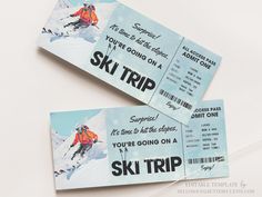 two ski trip tickets sitting on top of each other