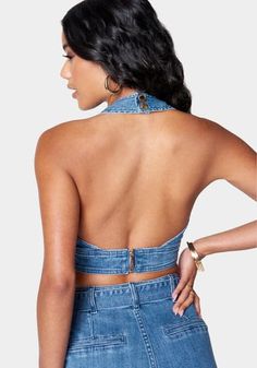 Deep V Neck Cropped Halter Denim Top Summer V-neck Denim Top, Trendy Denim Blue V-neck Top, Fitted Denim Halter Neck Top, V-neck Medium Wash Denim Top, Y2k Fitted Denim Crop Top, Deep V, Medium Blue