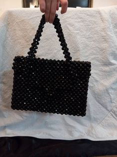 Italian Black Beaded Handbag Black Embellished Top Handle Bag, Embellished Black Clutch Bag, Black Embellished Clutch Bag, Black Embellished Handheld Shoulder Bag, Black Embellished Pouch Evening Bag, Black Beaded Bags As Fashion Accessory, Embellished Black Evening Shoulder Bag, Black Beaded Bag As Fashion Accessory, Evening Rectangular Bags With Black Beads