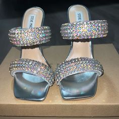 Steve Madden Rhinestone Heels | Never Worn | Size 5.5 | Silver Crystal High Heels With Bling, Bedazzled Crystal High Heels, Open Toe Synthetic Heels With Bling, Bling Open Toe Synthetic Heels, Bling Synthetic Open Toe Heels, Crystal High Heels For Night Out, Evening Synthetic Heels With Bling, High Heels With Rhinestones And Crystal Material, Crystal High Heels With Rhinestones