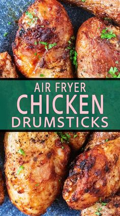 Cooked chicken drumsticks with a text overlay title.