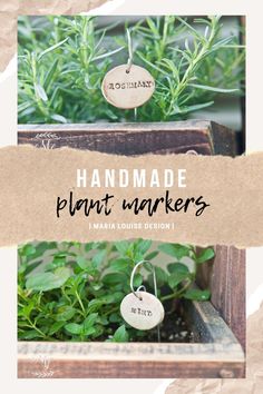 the words handmade plant markers are hanging from wooden boxes