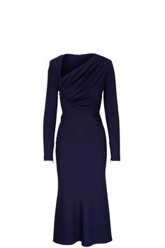 Roland Mouret - Cady Navy Blue Stretch Midi Dress Evening Asymmetrical Dress With Side Zipper, Asymmetrical Dress With Side Zipper For Evening, Fitted Evening Dress With Draped Sleeves And Asymmetrical Neckline, Long Sleeve Asymmetrical Dress With Ruched Detail For Evening, Elegant Long Sleeve Dress With Side Zipper, Fitted Long Sleeve Ruched Asymmetrical Dress, Evening Dresses With Side Zipper And Asymmetrical Neckline, Evening Bodycon Dress With Asymmetrical Neckline, Asymmetrical Neckline Bodycon Dress For Evening