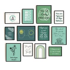 a bunch of framed pictures on the wall with different sayings in green and white