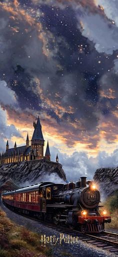 a painting of hogwarts castle with a train coming down the tracks at night