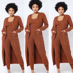 Brand New 3-Piece Leisure Pants Suit (Tank Top, Pants, Long Sweater Jacket). Color: Brown Solid Color Matching Set For Fall, Brown Winter Sets With Pockets, Solid Winter Sets With Pockets, Fitted Pant Set For Fall Loungewear, Fitted Pant Set For Loungewear In Fall, Brown Loungewear Sets For Fall, Fitted Loungewear Sets With Pockets, Fitted Winter Sets With Pockets, Long Sweater Jacket