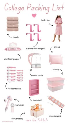 the college packing list is shown with pink items and text that says college packing list