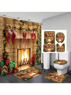 a bathroom decorated for christmas with fireplace and stockings on the wall, toilet and rugs