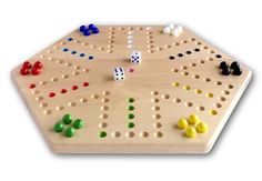 a wooden board game with several pieces and dices on the board, all in different colors