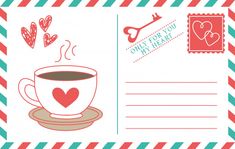 a postcard with a cup of coffee and a key to my heart on it